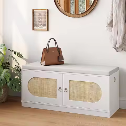 2-Tier Rattan Shoe Storage Bench, 39.4" W Shoe Bench with Padded Seat Cushion, Entryway Bench with H