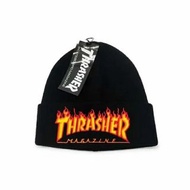 日本 THRASHER 黑色針織 火燄LOGO 冷帽