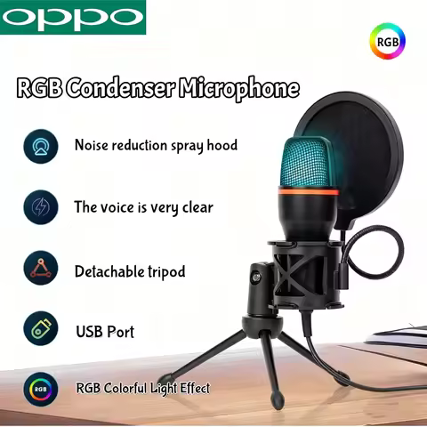 OPPO Active Noise Cancelling RGB Table Microphone with Adjustable Tripod USB Plug Play for Streamers