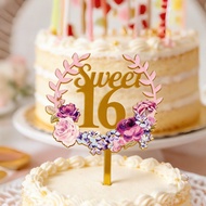 Ins Style Acrylic Flower Sweet 16 Cake Insert Card 16th Birthday Baking Dessert Cake Decoration MLIX