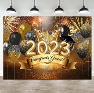 Graduation Backdrop Class of 2023 Black and Gold Balloon and Champagne Shinning Congradulation Photography Backdrop Bachelor Cap Congrats Grad Celebration Party Photo Booth Props Banner 7x5ft