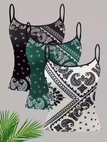 Women Paisley Print Spaghetti Strap Cami Top 3 Pack Casual Sleeveless Form Fitting Tank Top Set