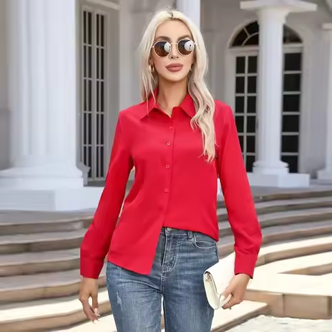 Plus Size Red Shirt Women Fashion Business Shirts Office Lady Long Sleeve Blouse Slim Women Clothing