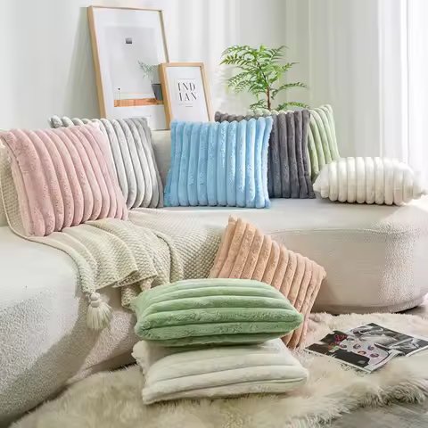 45x45cm Double-Side Faux Fur Plush Decorative Throw Pillow Covers Wide Stripe Couch Cushion Case Sof