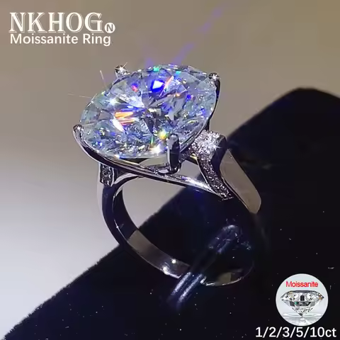 NKHOG Real 1/2/3/5/10CT Moissanite Ring S925 Silver Women Plated Au750 Big Diamond Test Pass Wedding