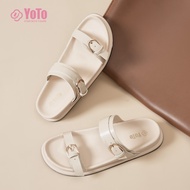 YOTO Women's Sandals Dual Band Leather Strap Metal Buckle Flat Comfortable Casual Slides For Women