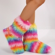 Furry Boots Women's Faux Fox Fur Mid-Tube Cotton Boots Plus Size Cotton Shoes