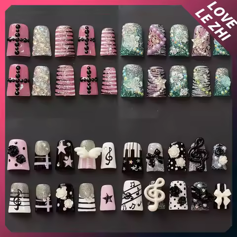 Y2K Duck-Bill Long Coffin Dragon Claw Reusable Fake Nail Spice Girl 3D Kt Bowknot Musical Note Pearl