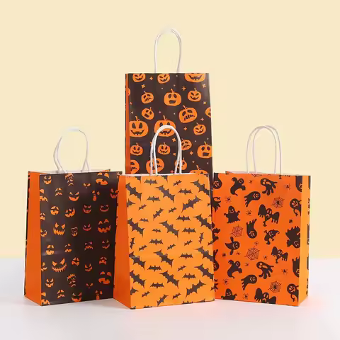 Pumpkin Bat Ghost Printed Halloween Kraft Paper Gift Bags for Party Favors Trick or TreatBirthday an
