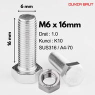 Stainless Hex Bolt SS316 M6X16 - Hexagon Bolt 6X16 / M6 X 16 / 6 X 16 SUS316 / A4-70 Full Thread