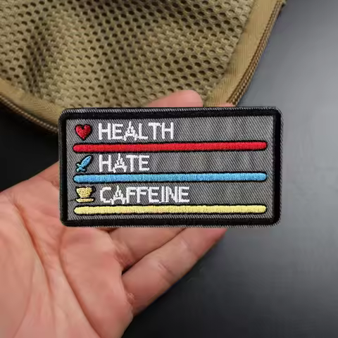 "Health, Hate, Caffeine" Embroidery Patch on Clothing Tactical Morale Badge Hook Loop Military Patch