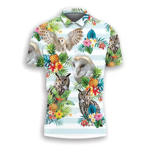 Vintage Animal Owl 3D Printed Men's Polo Shirt Summer Fashion Bird Owls Short Sleeves Button Tees Ca