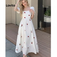 (trendy3) Lovito Elegant Dress Flowers Ruffle Hem Spring/summer Off White Dress for Women L138ED462 