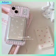 ADAM กันฝุ่นกันฝุ่น คลิปการ์ดแม่เหล็ก เครื่องหนังแท้ โบว์สำหรับผูก เคสโทรศัพท์โทรศัพท์ น่ารักน่ารักๆ ป้องกันลายนิ้วมือ กระเป๋าใส่บัตร สำหรับ IPhone 15 PRO MAX สำหรับ iPhone 15 PRO MAX