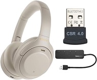 Sony WH-1000XM4 Wireless Noise Canceling Over-Ear Headphones (Silver) with Knox Gear 4 Port USB 3.0 Hub and USB Bluetooth Dongle Adapter Work from Home Bundle (3 Items)
