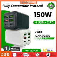 150W Charger Multi Port 4USB+2PD Type C Fast Charging USB-C UK Charger Safety Protection Adapter
