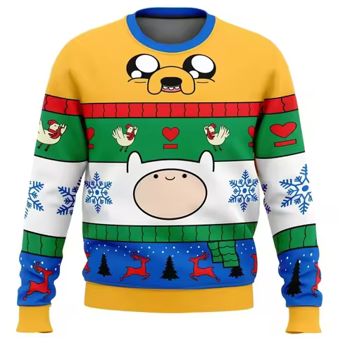 Christmas Finn and Jake Adventure Time Print Men's Plus Size Crew Neck Sweatshirt Autumn Winter Long