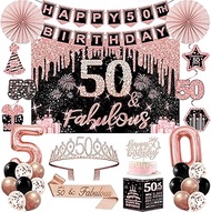 50th Birthday Decorations for Women,33pcs 50th Birthday Party Decorations,Including Backdrop, Crown,