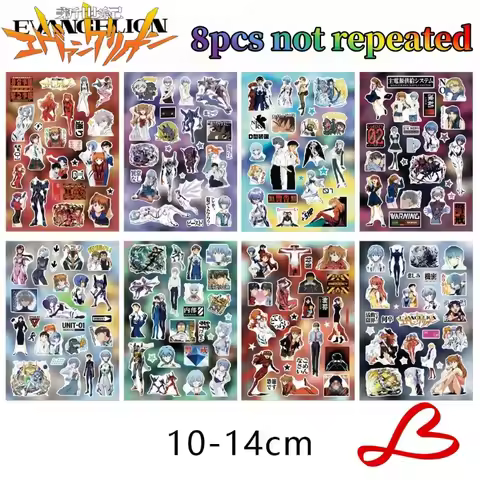 8 Sheets Neon Genesis Evangelion Die-Cut Stickers, Hot Anime Merch, Waterproof Cartoon Decals for Jo