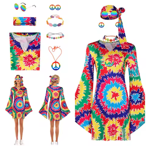 Retro 70S Hippie Cosplay Costume Adult Women Tassel Dress Headband Glasses Earrings Outfits Hallowee