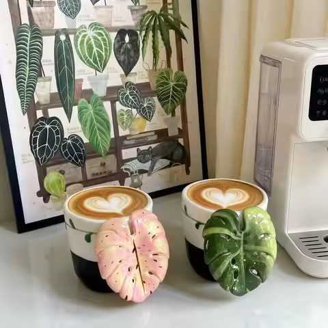 Hot Plant Leaf Ceramic Espresso Cups Handmade Underglaze Coffee Cup Demitasse Cups for Espresso, Mac