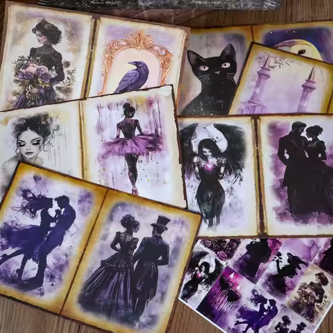 12papers,32stickers A5 Purple Gothic Style Scrapbook Paper Set, for DIY Crafts, Junk Journals, Backg