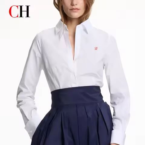 CH Letter Embroidered Solid Color Long Sleeve Shirt Women Point Collar Regular Fit Professional Offi