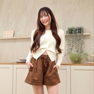 JARINYA (S-L) กางเกงขาสั้นหนังกลับเอวยืด ดีเทลปัก JY