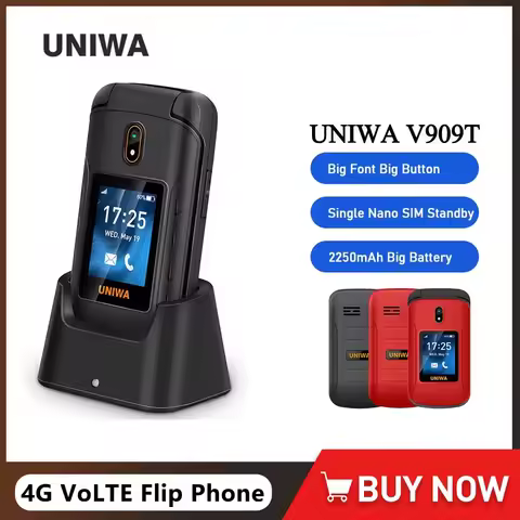 UNIWA V909T 4G VoLTE Flip Phone Dual Screen Feature Mobile Phone 0.3mp Camera 2250mAh FM Radio Telep