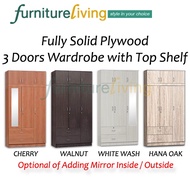 Furniture Living 3 Door with Top Shelf Solid Plywood Wardrobe with NEW Soft Close Door Add-on Mirror in 4 colors
