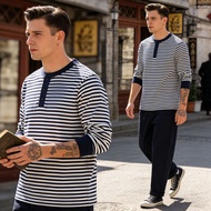 OKONKWO 300g heavy-duty long sleeved striped Henry collar T-shirt deck sea soul shirt Henry shirt TE