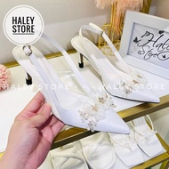 Giày cao gót max 2 hoa trắng HALEY STORE gót 7cm đính hoa đá xoàn phale quai trong mũi nhọn khóa cài