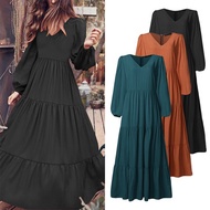 muslimah abaya jubah (M-5XL) Plus size v neck babydoll loose long sleeve maxi dress