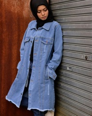 Jaket jeans muslim wanita hijab polos panjang kebawah model tunik bahan jeans lembut tidak luntur