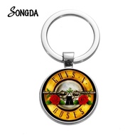 Hot Sale Guns N Roses Alloy Keychain Guns and Roses Pattern 3D Printed Fashion Glass Cabochon Key Ch