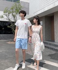 韓國 情侶裝 細肩帶碎花雪紡洋裝 白色罩衫外套 薄外套 白色短袖上衣 圓領T 藍色短褲 5分短褲 情人節禮物 婚紗便服