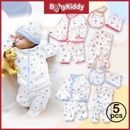 5pc/set Newborn Baby Boy Girl Cotton Tops Hat + Pants + Bib Suit Outfit Set 5 Helai Baju Baby Set Mu
