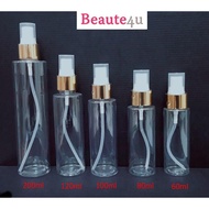 READY STOCK 60ml 80ml 100ml 120ml 200ml Clear PET Plastic Gold Spray Bottles Empty Cosmetic Containe