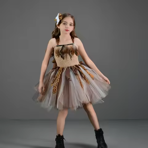 Kids Savage Primitive Caveman Tutu Dress for Girls Leopard Indian Indigenous Costume Halloween Carni