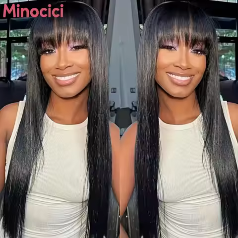 30 34 Inch Bone Straight Human Hair Wig With Bangs Glueless 3x1 HD Lace Frontal Wigs 220 Density Ful