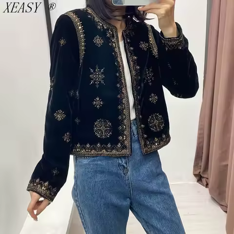 Women's Retro Palace Style Heavy Industry Embroidery Sequins Decorative Velvet Short Cardigan Jacket