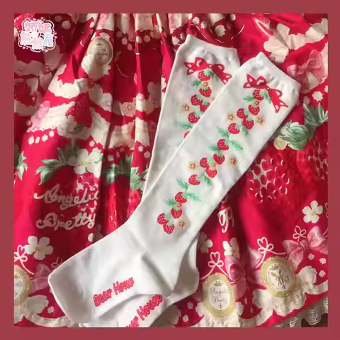 Original sweet LOLITA bow strawberry picking strawberry string strawberry long calf socks cute girl 