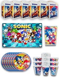 Kit de Fiesta 30 Invitados de Personaje Sonic Desechables 92pz Artículos Decoración Cartón Platos Vasos Dulceros + Lona + Mantel