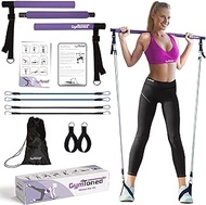 GymToned Pilates Bar Kit with Resistance Bands (30, 40 Lbs) - Portable 3 Section Stick Adjustable Length Multifunctional Fitness Equipment for Home Workouts Exercises Guide, Purple