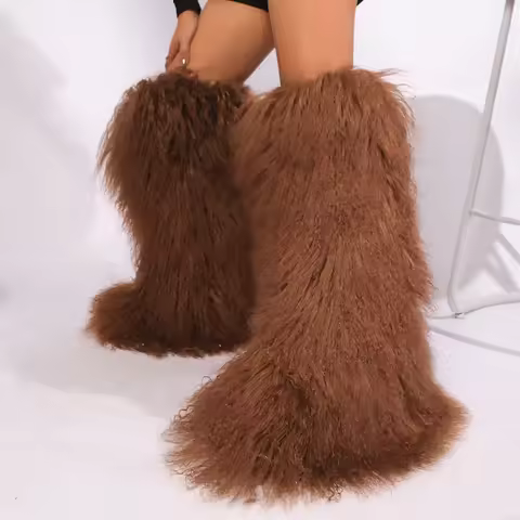 Super shaggy real Mongolian fur women yeti boots Outdoor Winter long Mongolian fur boots