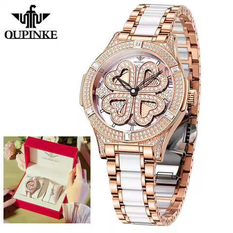 OUPINKE Woman Watch Diamond Dial Swiss Quartz Ladies Wristwatch Ceramic Steel 50M Waterproof Four Le