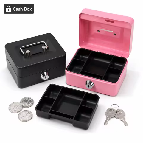 Compact Metal Cash Box With Key Lock Removable Coin Tray Carry Handle And Two Keys For Home Office S