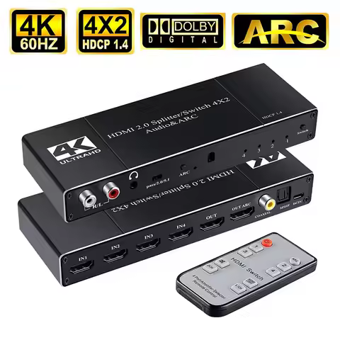 4K HDMI Switch Splitter Audio Extractor 4K@60Hz HDMI 2.0 Splitter Audio & ARC 4 in 2 Out with Remote