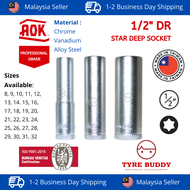 [TAIWAN] AOK 1/2 Inch DR Star Deep Chrome Socket Box 8-32MM; 6PT; 12PT; Toyo; Soket Panjang; Segi Du