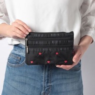 日本 Lesportsac 黑色尼龍布 心心刺繡 3 Zip 化妝袋